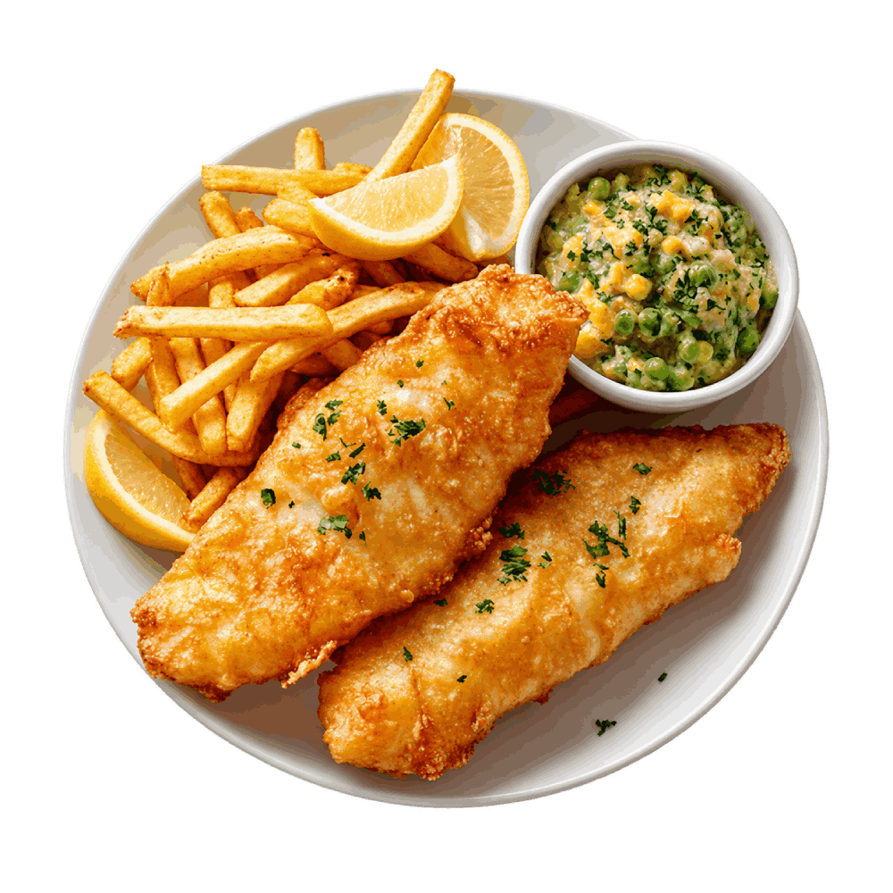 Freshly prepared fish and chips served with golden fries, lemon and tartar sauce